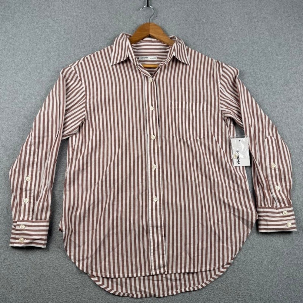 Sonoma Top Womens PXS Goods For Life Brown Striped Button Down NEW